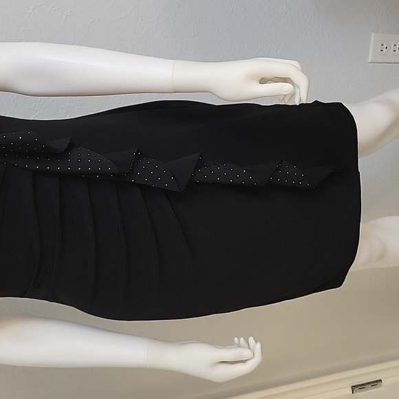 SAINT TROPEZ WEST 1990s Black Ruffle Embellished Ruched Bodycon Angled Dress - Picture 5 of 8